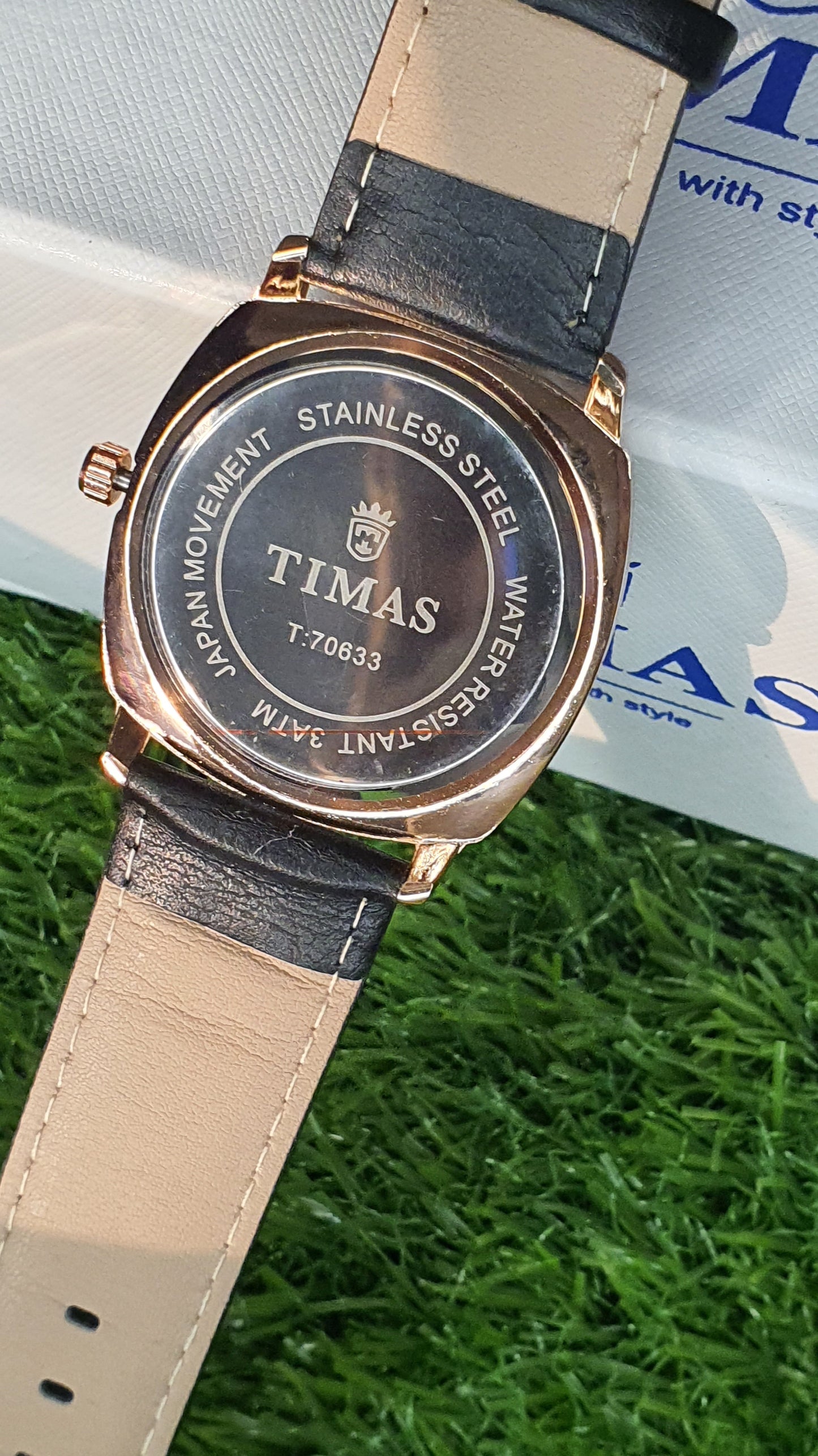 TIMAS Men's Rose Gold Black Leather Strap Watch