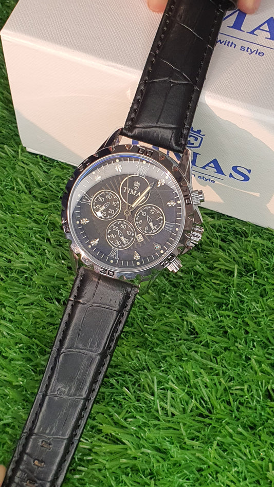 TIMAS Men's Silver Chronograph Watch with Black Croc Leather Strap