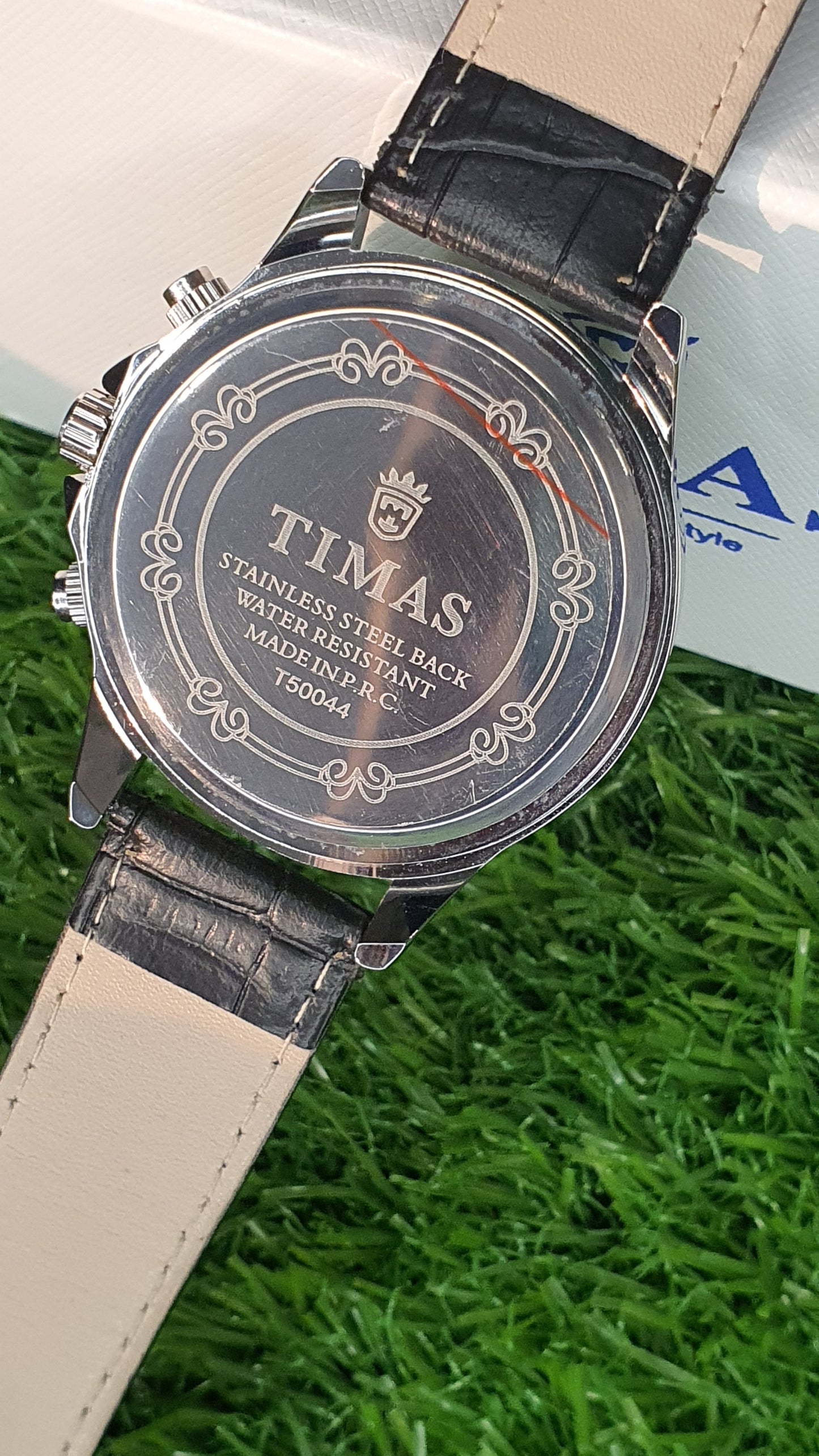 TIMAS Men's Silver Chronograph Watch with Black Croc Leather Strap