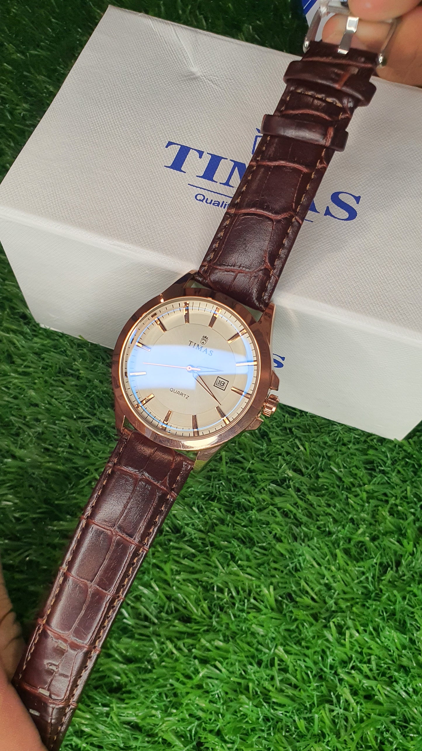 TIMAS Men's Classic Rose Gold & White Dial Leather Watch