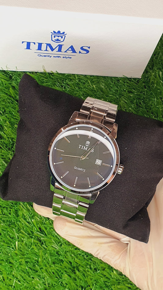 TIMAS Men's Silver-Tone Black Dial Metal Bracelet Watch