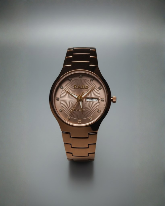RADO-Style Gold-Tone Luxury Watch | Diamond-Set Indices & Day-Date Display