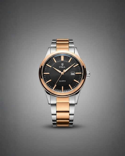 TIMAS Men's Two-Tone Black Dial Metal Bracelet Watch