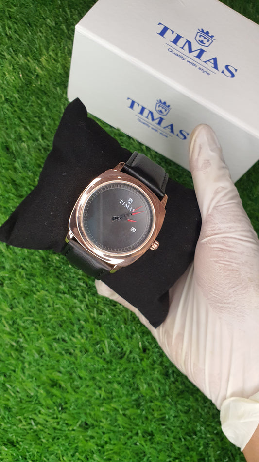 TIMAS Men's Rose Gold Black Leather Strap Watch