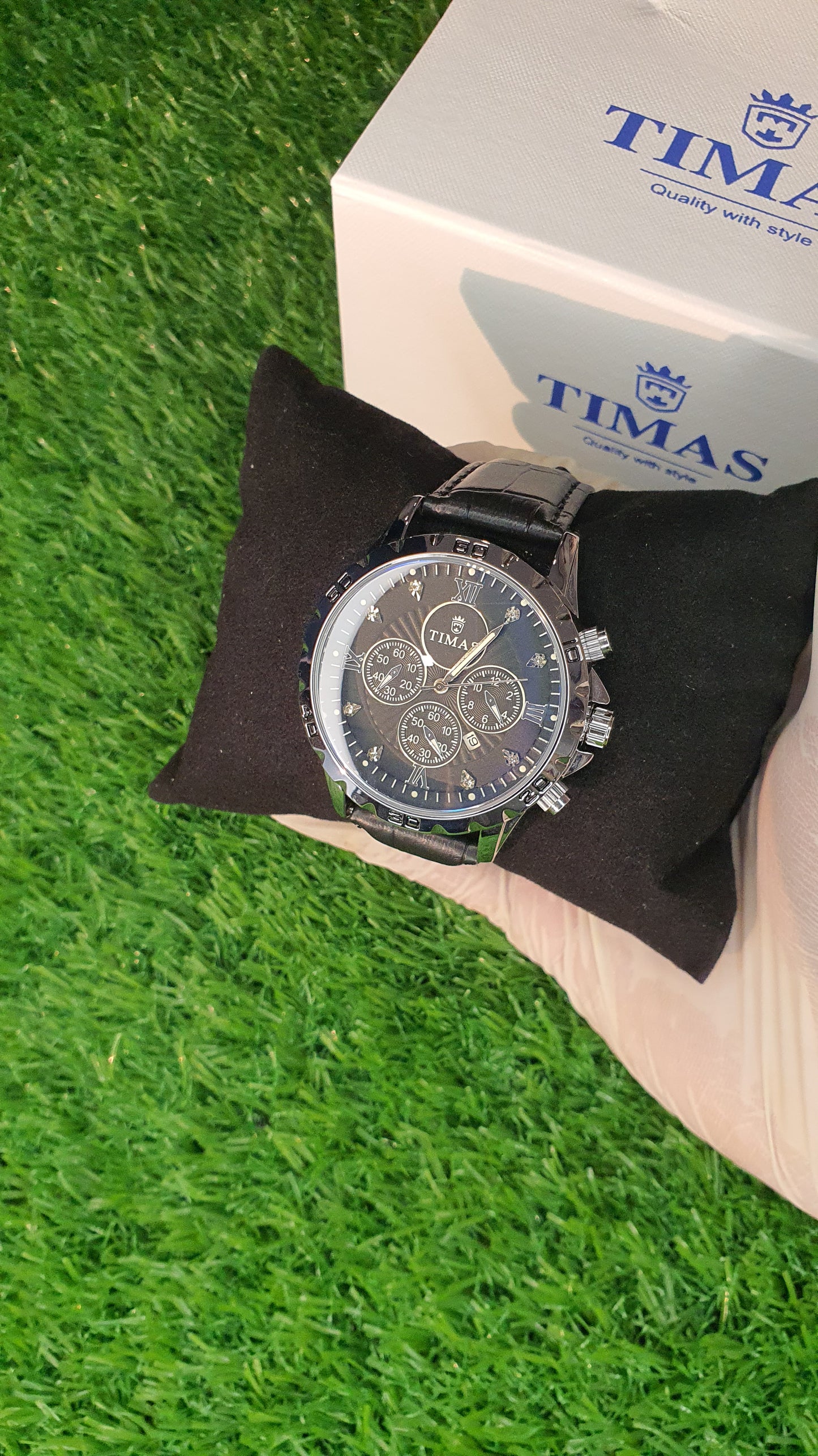 TIMAS Men's Silver Chronograph Watch with Black Croc Leather Strap