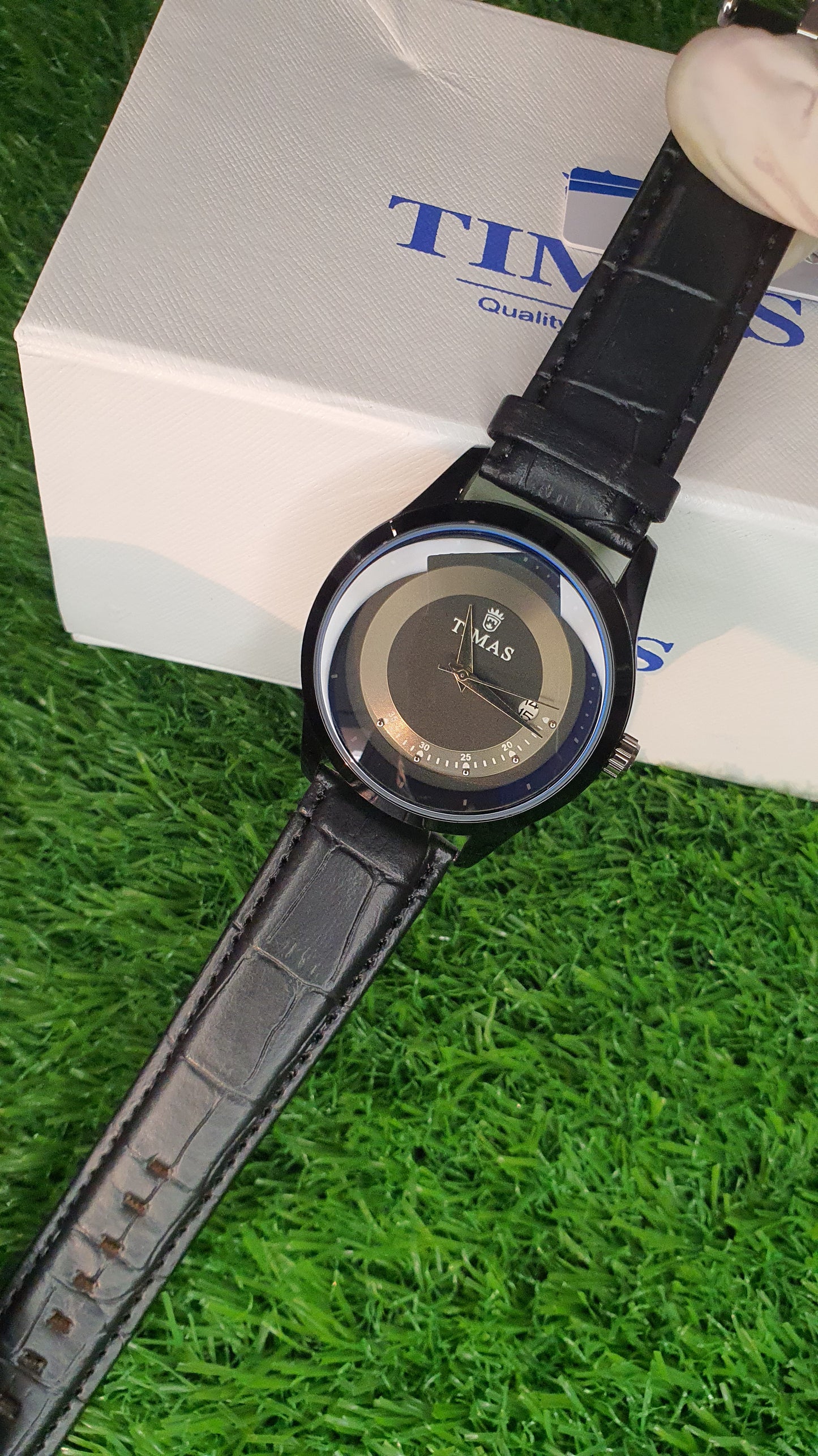 TIMAS Men's Black & Gold Tone Unique Dial Watch with Leather Strap