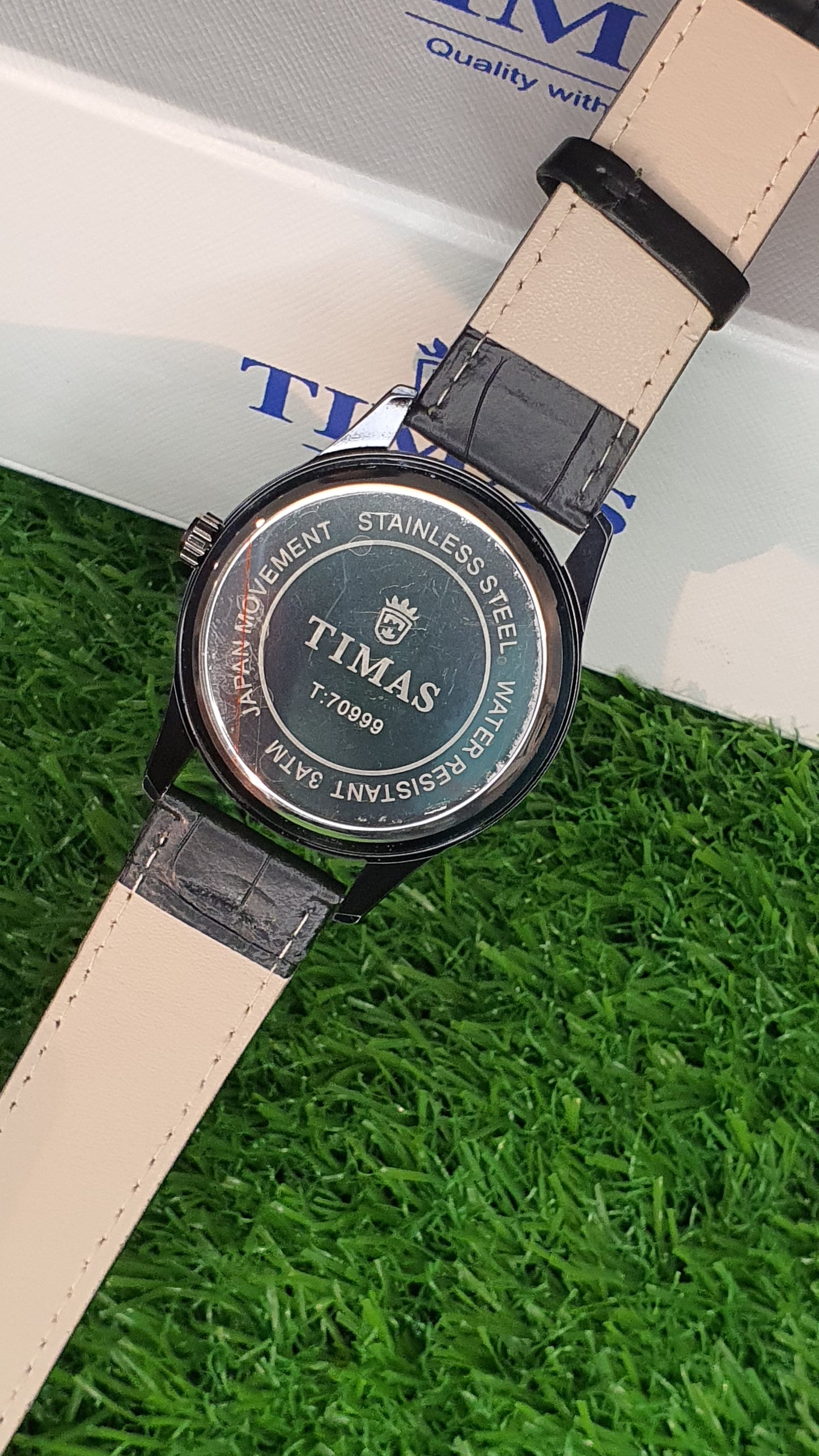 TIMAS Men's Black & Gold Tone Unique Dial Watch with Leather Strap