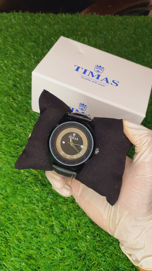 TIMAS Men's Black & Gold Tone Unique Dial Watch with Leather Strap