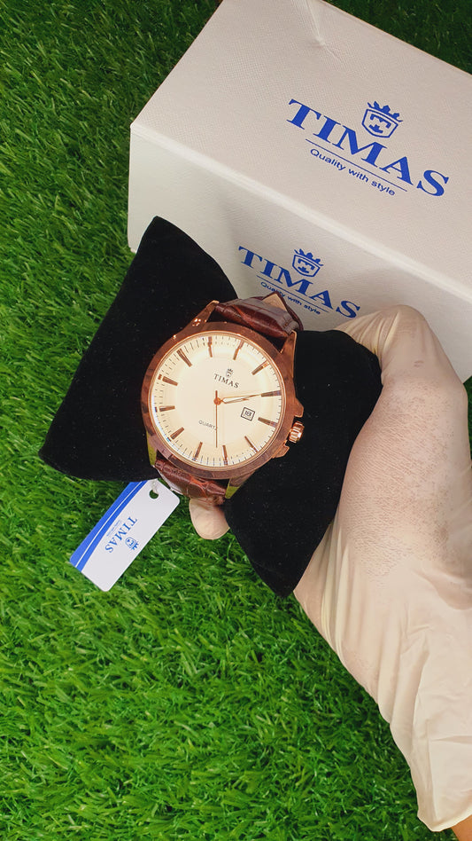 TIMAS Men's Classic Rose Gold & White Dial Leather Watch