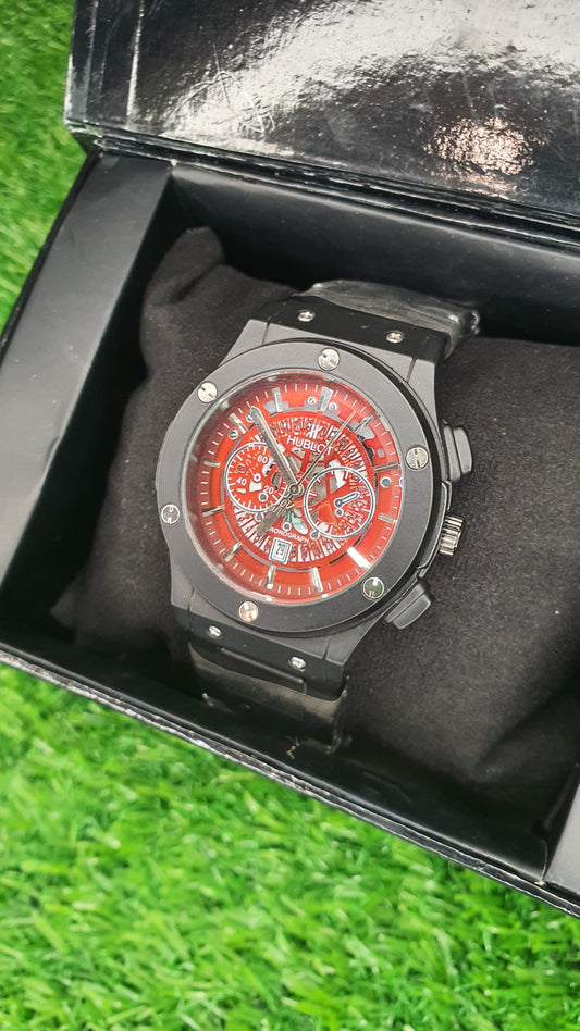 HUBLOT-Style Men's Black & Red Sport Chronograph Watch