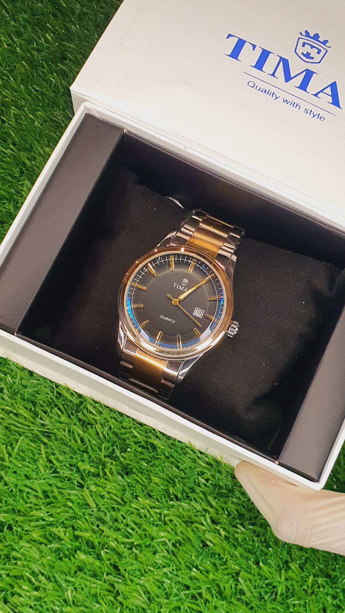 TIMAS Men's Two-Tone Black Dial Metal Bracelet Watch