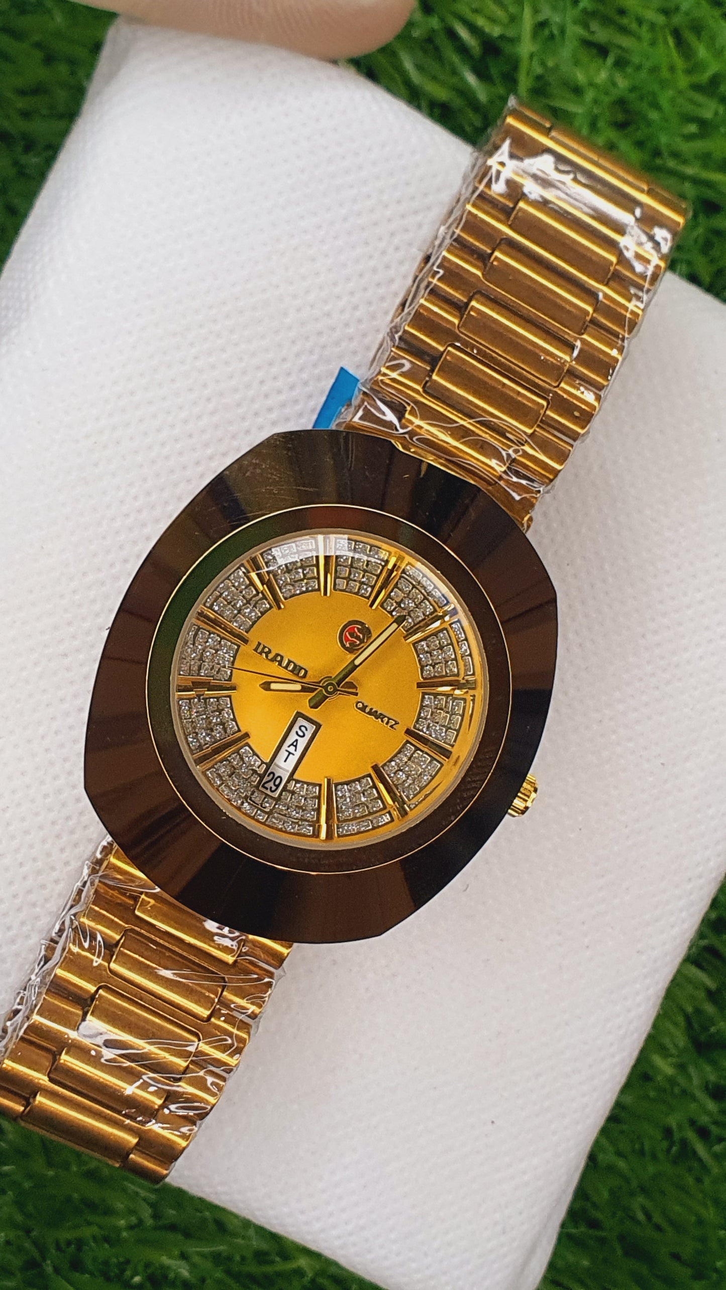 RADO-Style Gold-Tone Diamond Accent Day/Date Watch