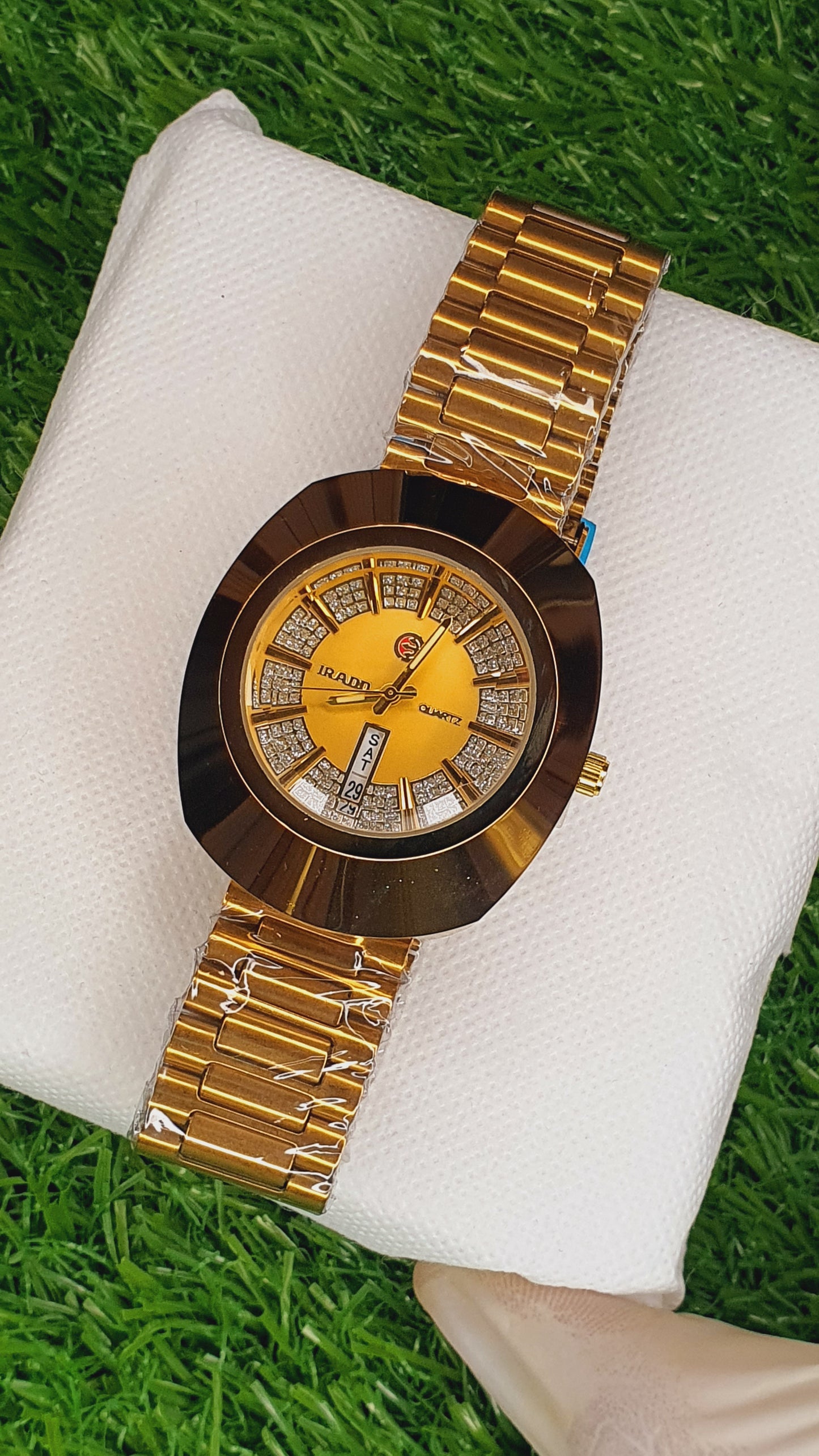 RADO-Style Gold-Tone Diamond Accent Day/Date Watch