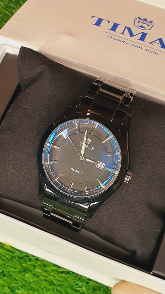 TIMAS Men's Black Metal Bracelet Watch with Iridescent Dial