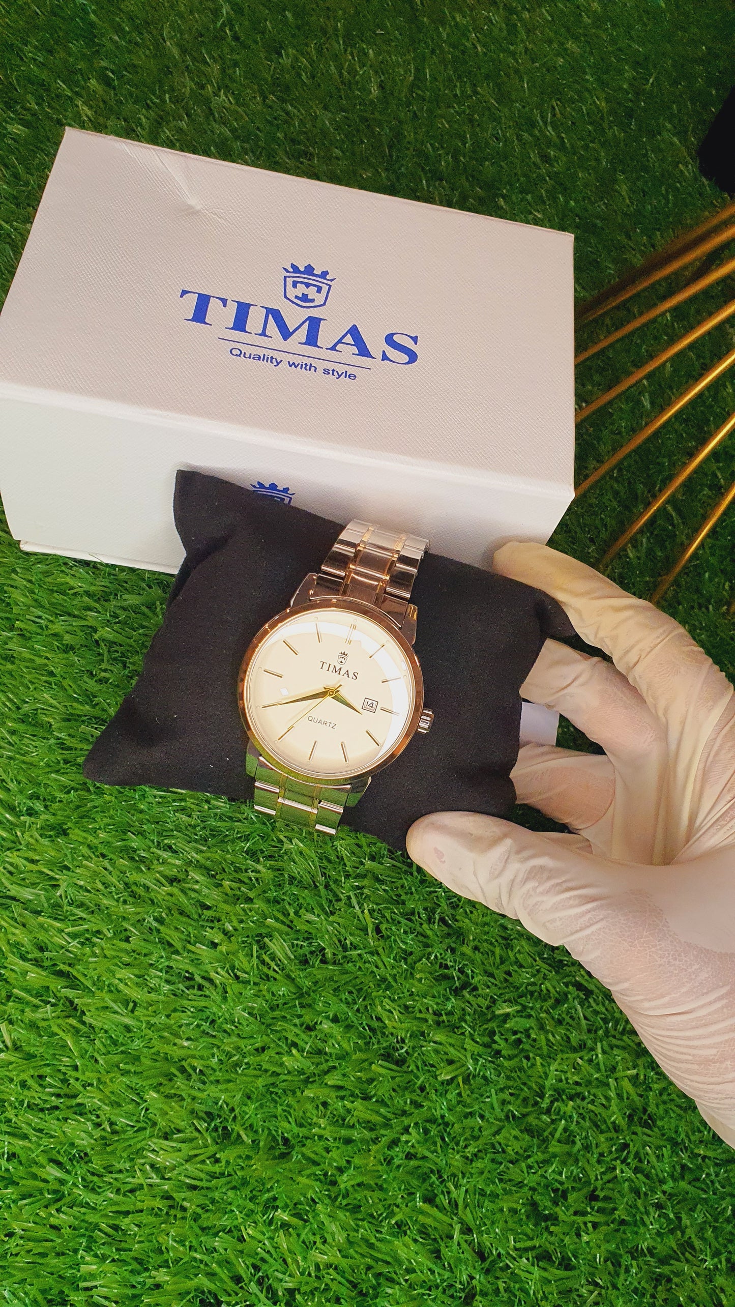 TIMAS Classic Two-Tone Quartz Watch | Elegant Champagne Dial with Date Function