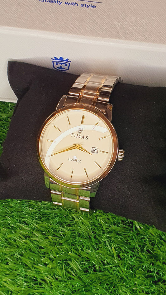 TIMAS Classic Two-Tone Quartz Watch | Elegant Champagne Dial with Date Function