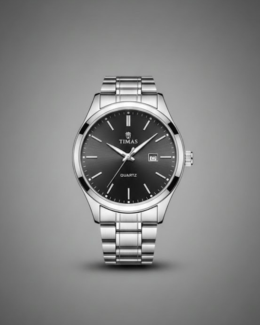 TIMAS Men's Silver-Tone Black Dial Metal Bracelet Watch