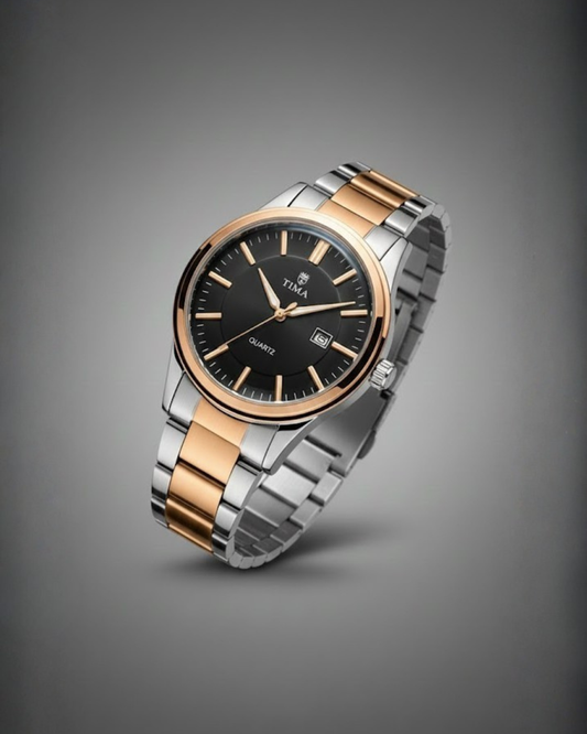 TIMAS Men's Two-Tone Black Dial Metal Bracelet Watch
