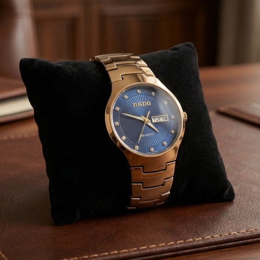 RADO-Style Gold-Tone Luxury Watch | Diamond-Set Indices & Day-Date Display