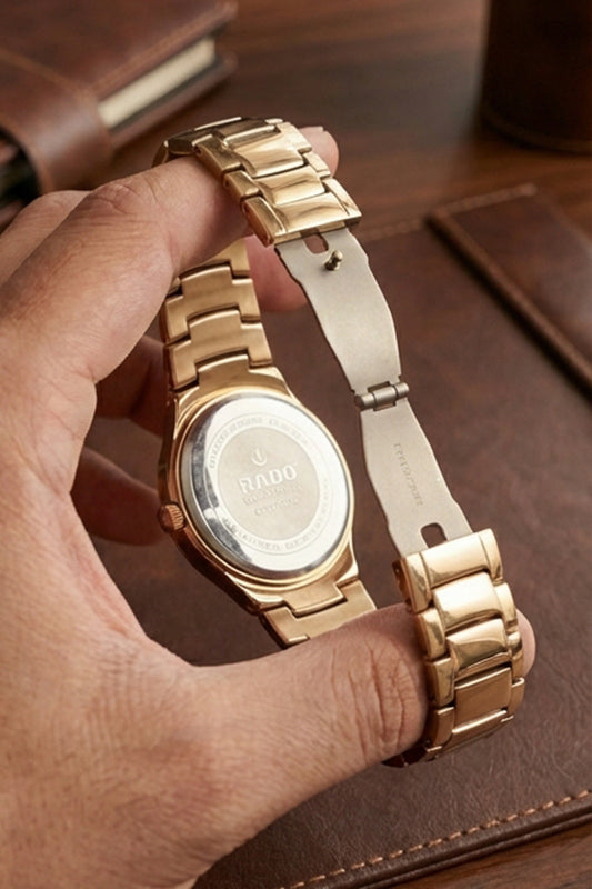 RADO-Style Gold-Tone Luxury Watch | Diamond-Set Indices & Day-Date Display