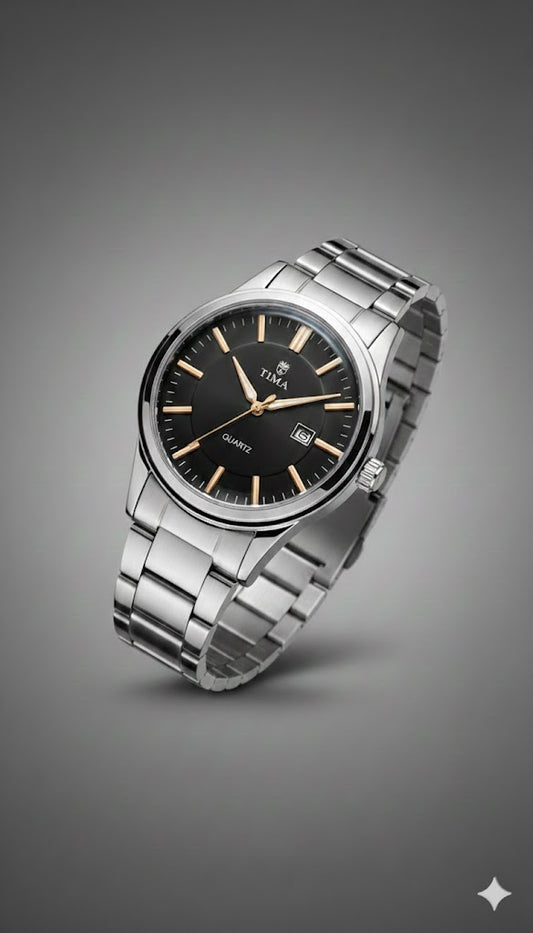 TIMAS Men's Silver-Tone Black Dial Metal Bracelet Watch